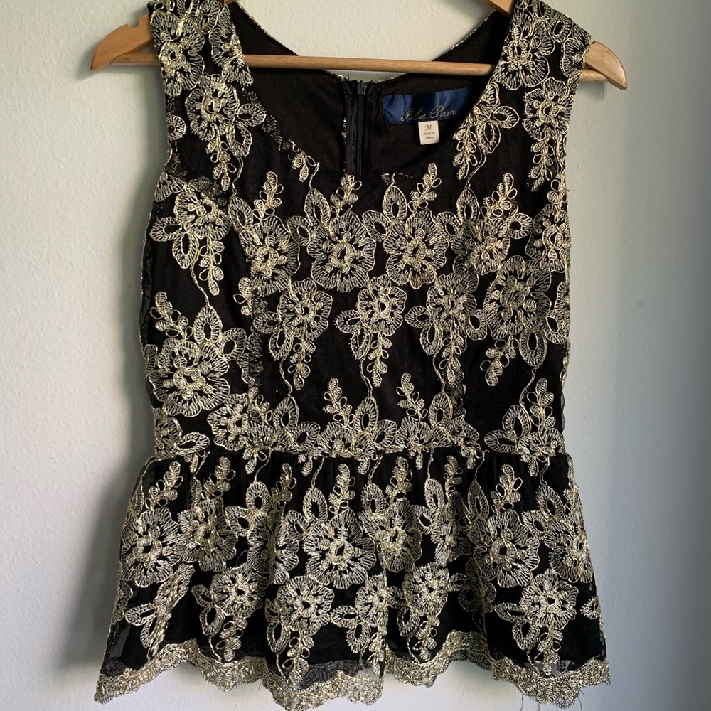 Sleeveless Peplum Top with Gold Embroidery